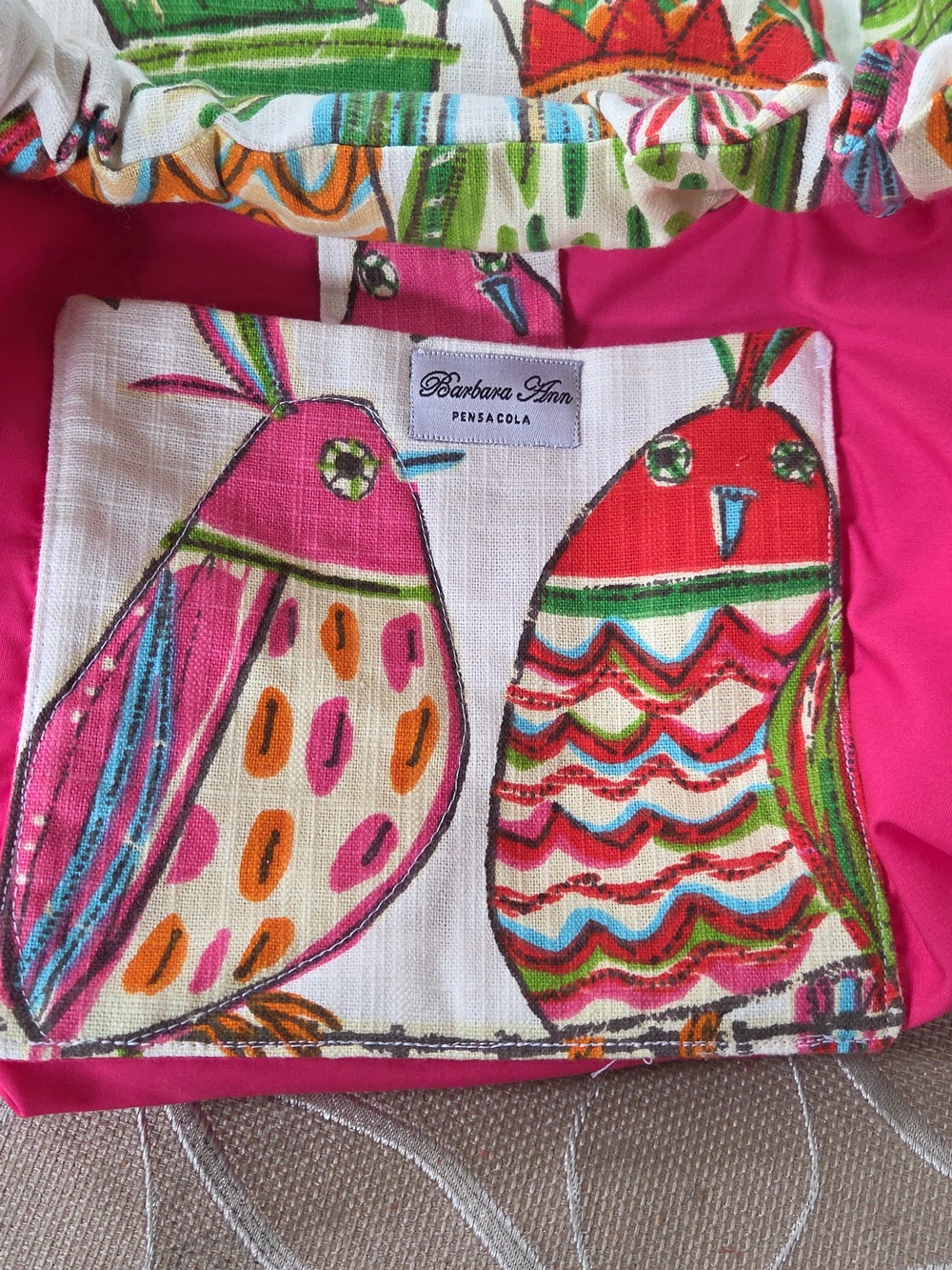 Vintage Bird, Cotton Barkcloth Handbag With Bamboo Handles! - Picture 8 of 8
